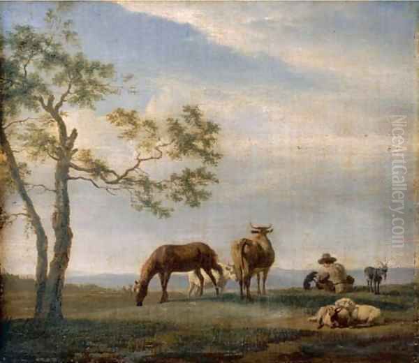 An extensive landscape with a herdsman with cattle, goats and a horse Oil Painting by Adriaen Van De Velde