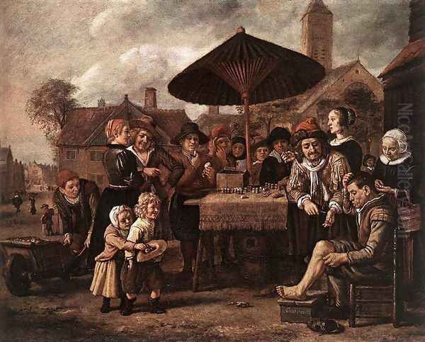 Market Scene with a Quack at his Stall c. 1650 Oil Painting by Jan Victors