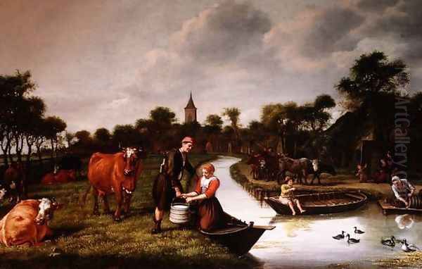 River Landscape with a couple carrying a milk churn Oil Painting by Jan Victors