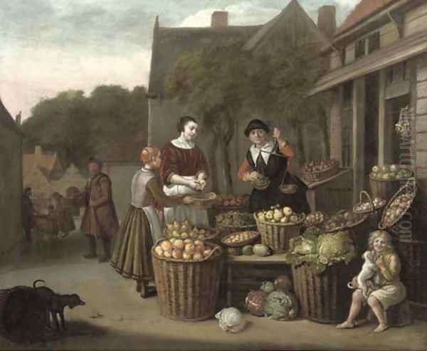 A woman and child purchasing fruit at a market Oil Painting by Jan Victors