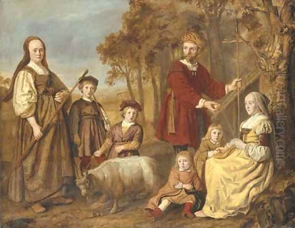 Group portrait of a family, full-length, in pastoral dress, in a landscape Oil Painting by Jan Victors