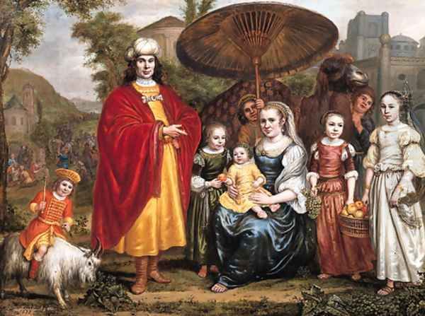 Portrait historie of a family in a landscape a gentleman, standing small full length and his wife, seated small full length Oil Painting by Jan Victors