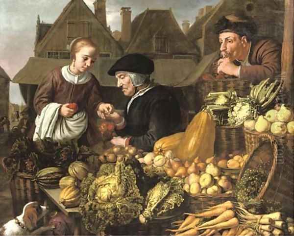 A young woman buying fruit from an old woman at a market, a man smoking a pipe nearby Oil Painting by Jan Victors