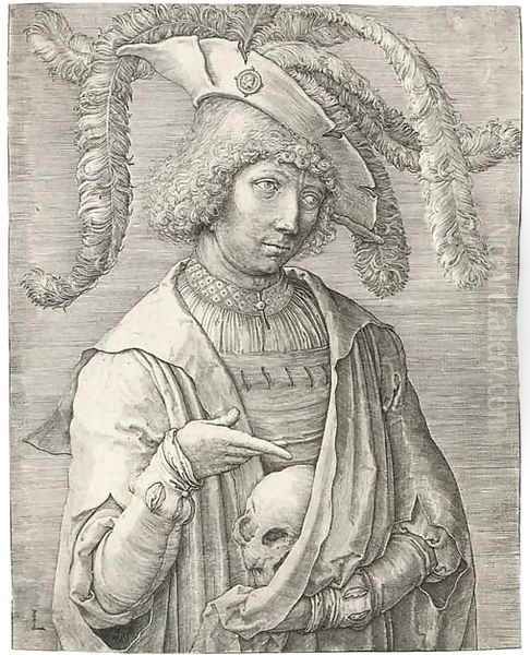 Young Man with a Skull (Holl. 174 I) Oil Painting by Lucas Van Leyden