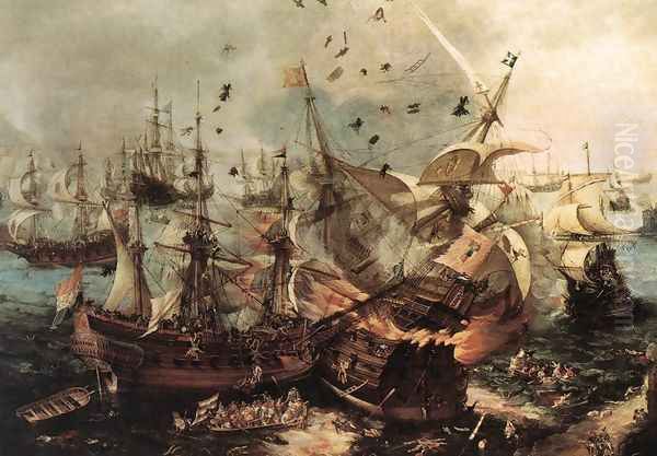 Battle Of Gibraltar Oil Painting by Hendrick Cornelisz. Vroom