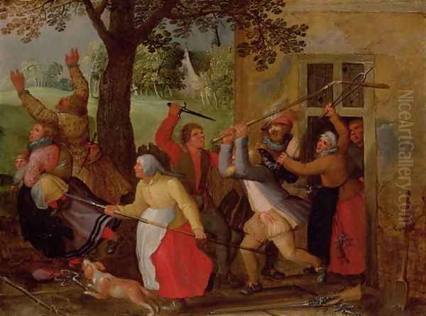 Country Pub Brawl Oil Painting by David Vinckboons