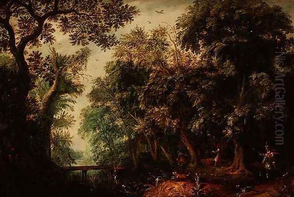 A Stag Hunt in a forest Oil Painting by David Vinckboons