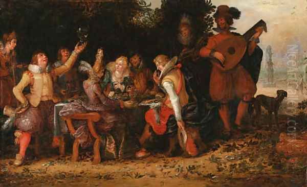 Elegant company feasting, with musicians beneath an arbour, a palace and ornamental garden beyond Oil Painting by David Vinckboons