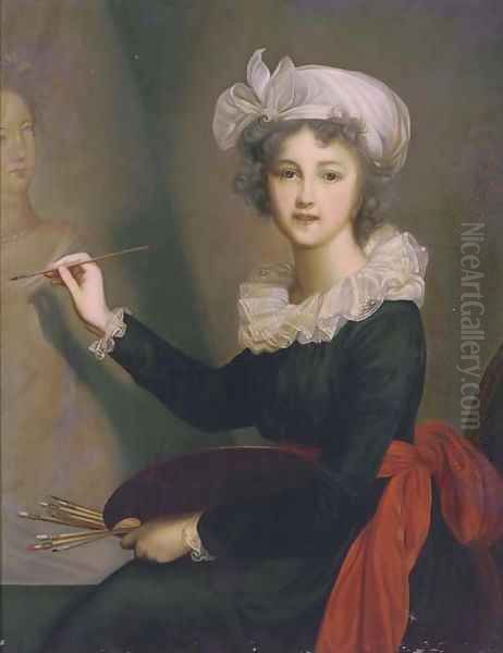 Portrait of the artist, three-quarter-length, in a blue dress with a red sash at her waist, a white lace collar and cap Oil Painting by Elisabeth Vigee-Lebrun