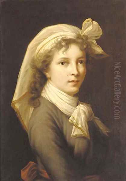 Portrait of the artist, bust length, in a cravate and headscarf Oil Painting by Elisabeth Vigee-Lebrun