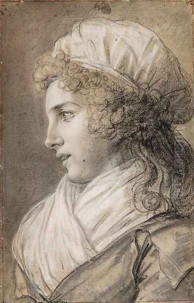 Portrait of of a girl, bust-length, in profile to the left, wearing a bonnet and a scarf Oil Painting by Elisabeth Vigee-Lebrun