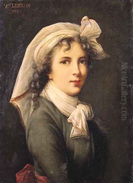 Portrait of the artist, small half length, wearing a green costume with red belt, white scarf and white headdress Oil Painting by Elisabeth Vigee-Lebrun