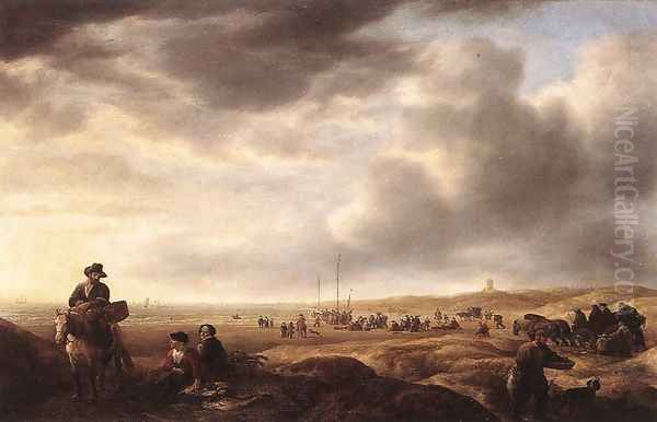 Beach near Scheveningen with Fish-Sellers c. 1643 Oil Painting by Simon De Vlieger