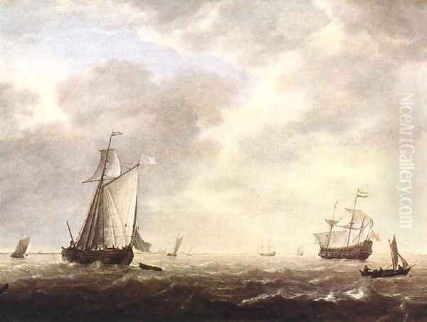 A Dutch Man-of-war and Various Vessels in a Breeze c. 1642 Oil Painting by Simon De Vlieger