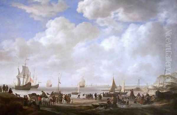 View of a Beach Oil Painting by Simon De Vlieger