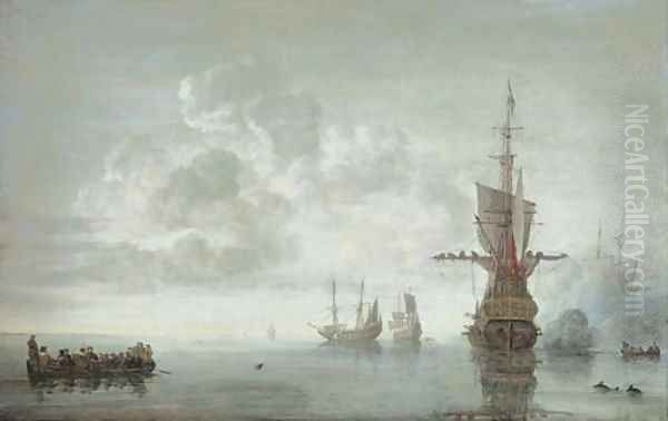 The squadron of Admiral Maarten van Tromp preparing to make sail, the flagship Aemilia firing a salute for the Admiral in his barge Oil Painting by Simon De Vlieger