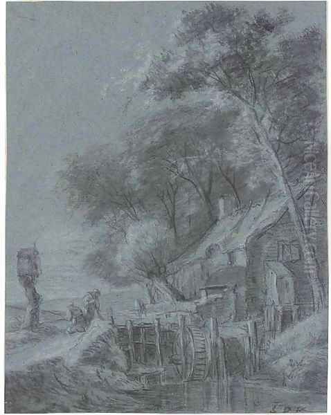 A mill on a wooded riverbank, with two labouring peasants Oil Painting by Simon De Vlieger