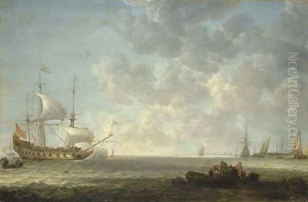 A coastal landscape with Dutch frigates exchanging salutes offshore in a light breeze, by a pier with a frigate, a haring buis and other vessels Oil Painting by Simon De Vlieger