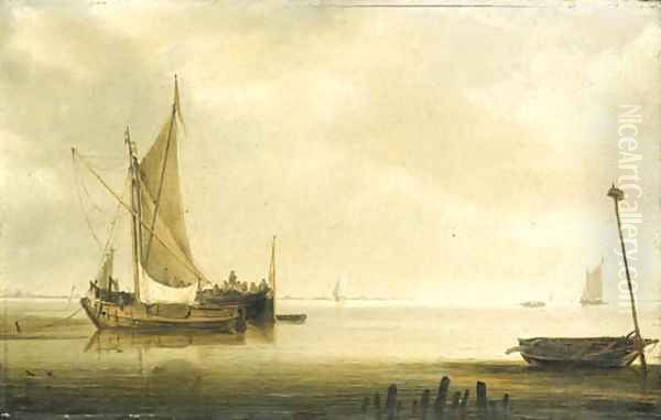 A smalschip and a waterschip anchored in an estuary in a calm, a wherry by a breakwater in the foreground Oil Painting by Simon De Vlieger