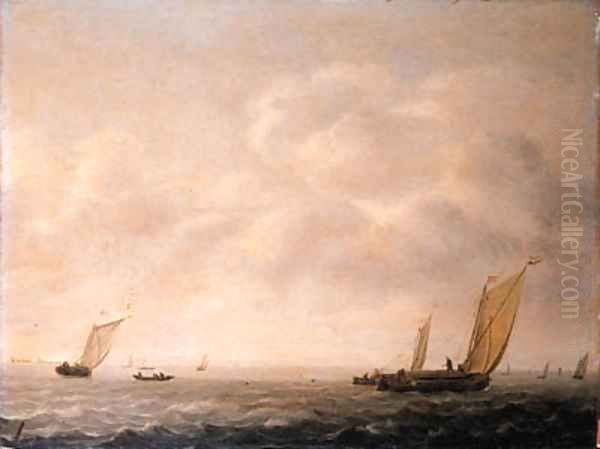 Wijdships offshore running in a stiff breeze, on a cloudy day Oil Painting by Simon De Vlieger