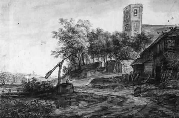 View of a village road with a well by a church Oil Painting by Simon De Vlieger