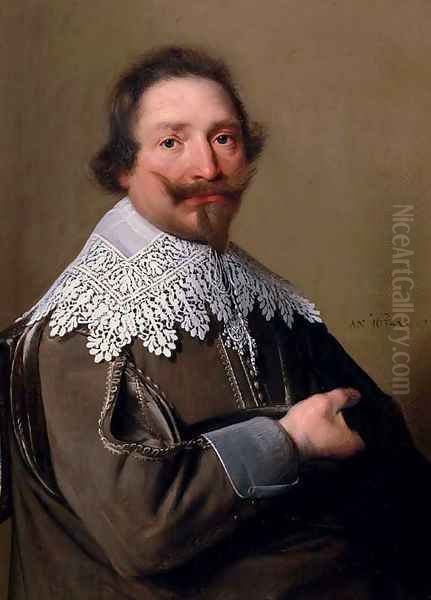 Portrait of Jean le Gouche (1588-1669), half-length, in a brown coat and lace collar, holding a hat Oil Painting by Johannes Cornelisz. Verspronck