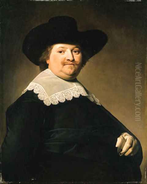 Portrait of a Gentleman, half-length, wearing a black costume with a white lace collar and a black hat Oil Painting by Johannes Cornelisz. Verspronck