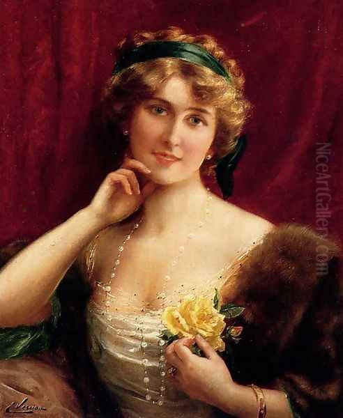 An Elegant Lady With A Yellow Rose Oil Painting by Emile Vernon