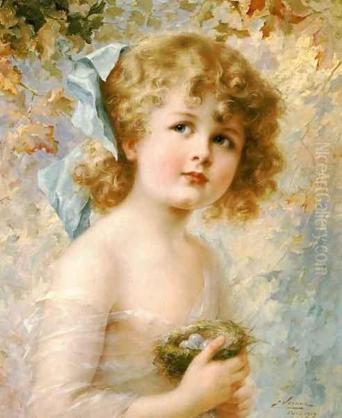 Girl Holding a Nest Oil Painting by Emile Vernon