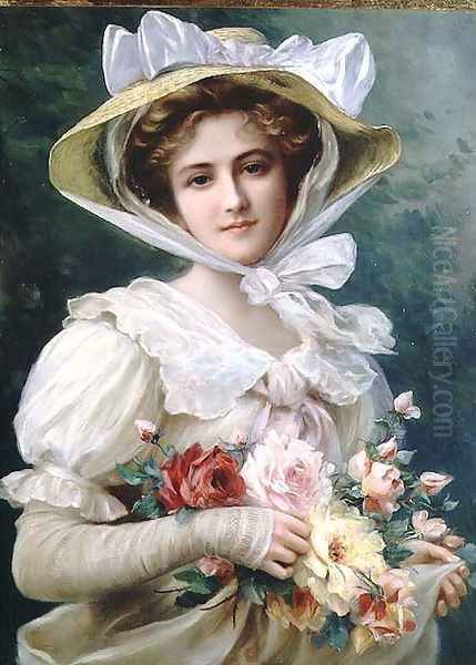 Elegant lady with a bouquet of roses Oil Painting by Emile Vernon