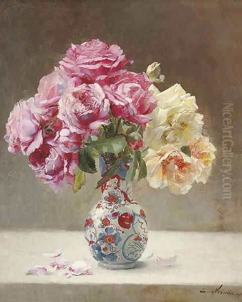 Roses in an Oriental vase Oil Painting by Emile Vernon