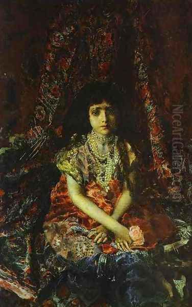 Portrait of a Girl against a Persian Carpet, 1886 Oil Painting by Mikhail Aleksandrovich Vrubel