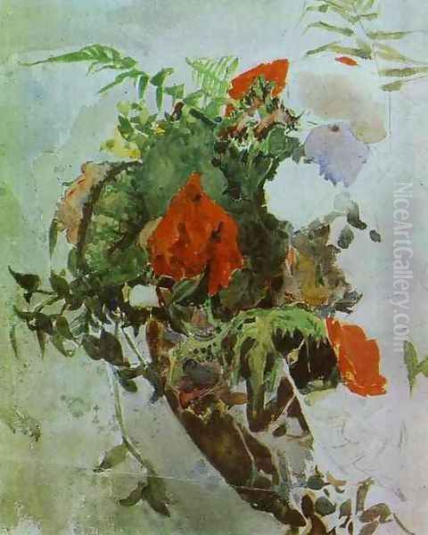 Red Flowers and Leaves of Begonia in a Basket. 1886-89 Oil Painting by Mikhail Aleksandrovich Vrubel