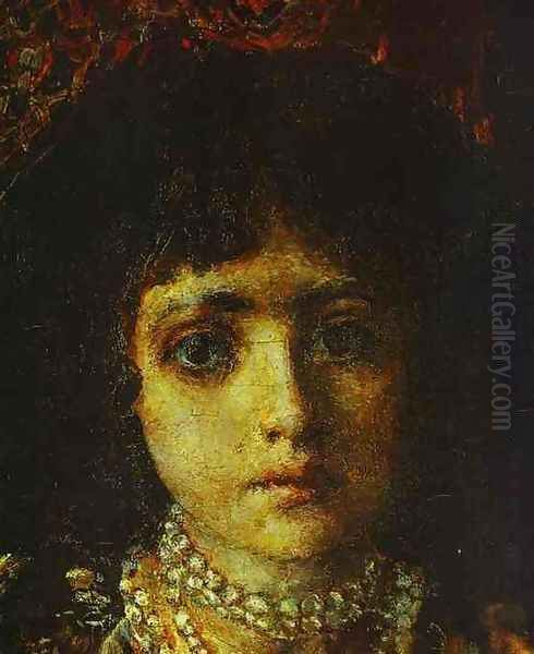 Portrait of a Girl against a Persian Carpet, (detail) 1886 Oil Painting by Mikhail Aleksandrovich Vrubel