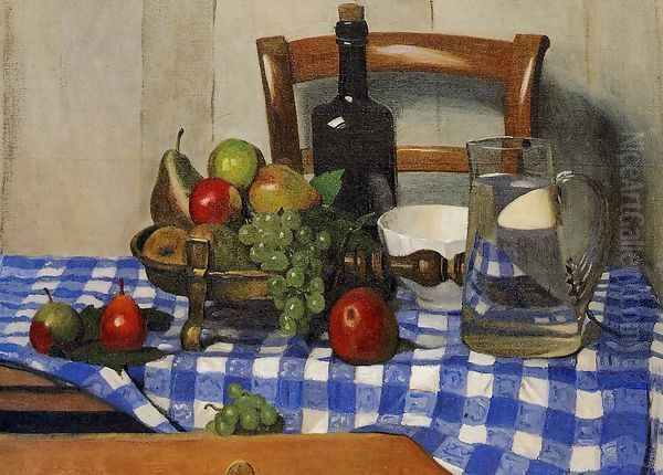 Still Life with Blue Checkered Tablecloth Oil Painting by Felix Edouard Vallotton