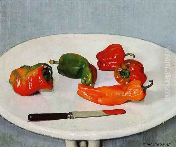 Still Life with Red Peppers on a White Lacquered Table Oil Painting by Felix Edouard Vallotton