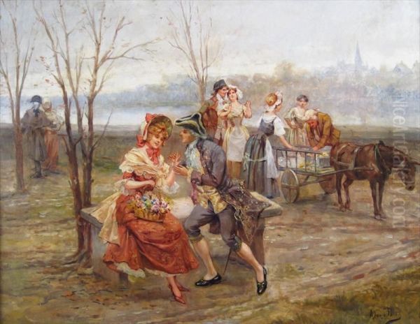 Courting Couples At The Riverside Oil Painting by Alonso Perez