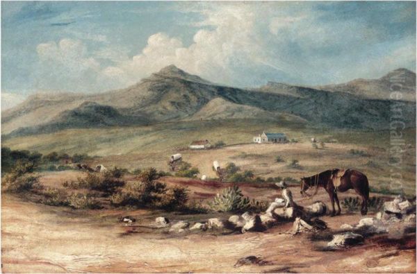 The Artist And His Mount Overlooking A Valley In The Eastern Cape, With A Wagon Train Passing A Farm Below Oil Painting by Thomas John Baines