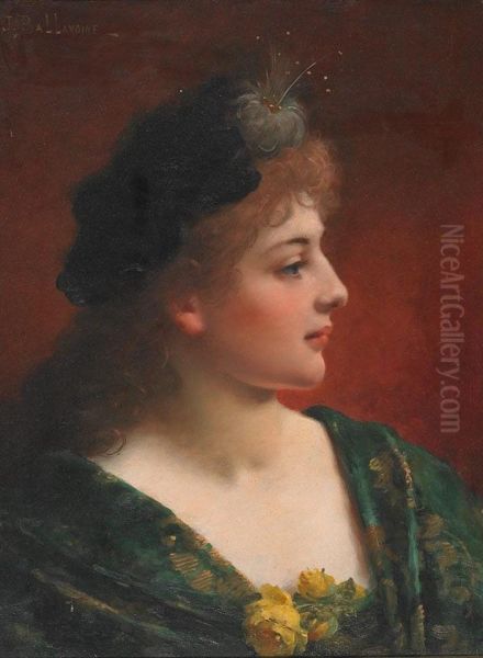 Red-haired Beauty With Feather Hat Oil Painting by Jules Frederic Ballavoine