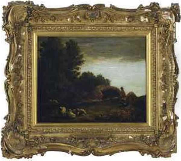 A Shepherd And His Flock Resting In A Wooded Landscape Oil Painting by Thomas Barker of Bath