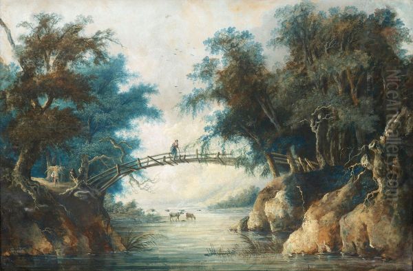 Landscape With A Woman On A Bridge Oil Painting by Louis Belanger