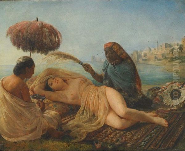 Odalisque Fanned By Her Slaves Oil Painting by Francois-Auguste Biard