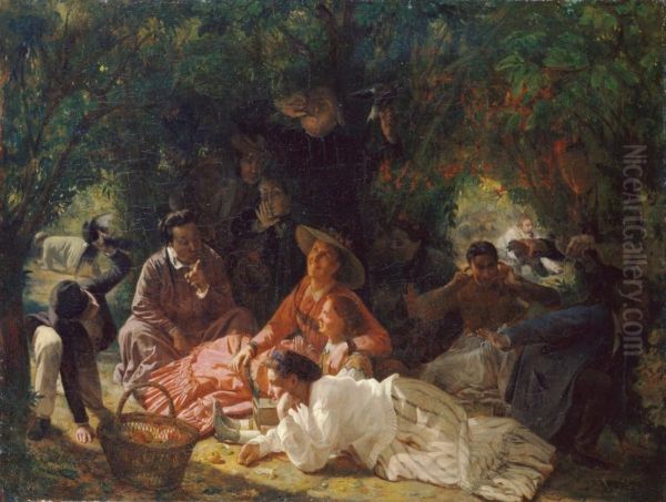 Picknick Im Freien. Oil Painting by Francois-Auguste Biard