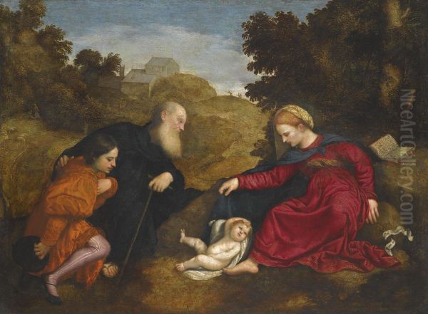 Madonna And Child With St Anthony Abbot And A Young Male Donor Oil Painting by Paris Bordone