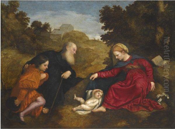 Madonna And Child With St Anthony Abbot And A Young Maledonor Oil Painting by Paris Bordone