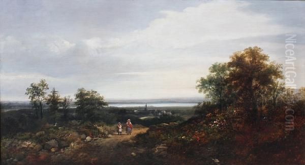 Figures On A Hill, Overlooking A Town Near Anestuary Oil Painting by William Beattie Brown