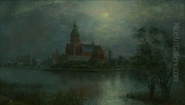 Blick Auf Stralsund Bei Mondschein Oil Painting by Wilhelm Brucke