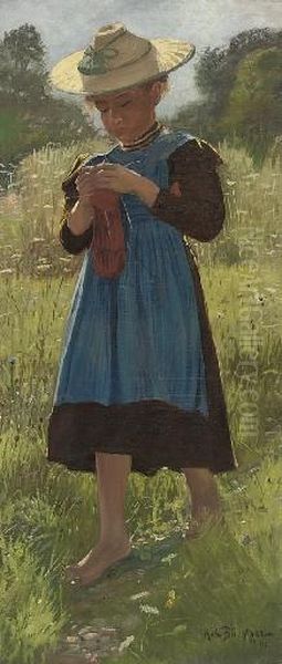 Young Girl Knitting Oil Painting by Robert Buchtger