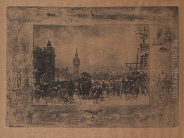 Westminster Bridge Ou Westminster Clock Tower Oil Painting by Felix-Hilaire Buhot