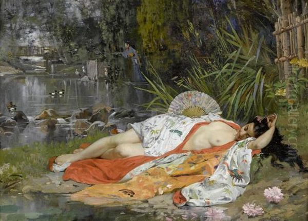 Geisha Reclining In The Garden Oil Painting by Edouard Castres